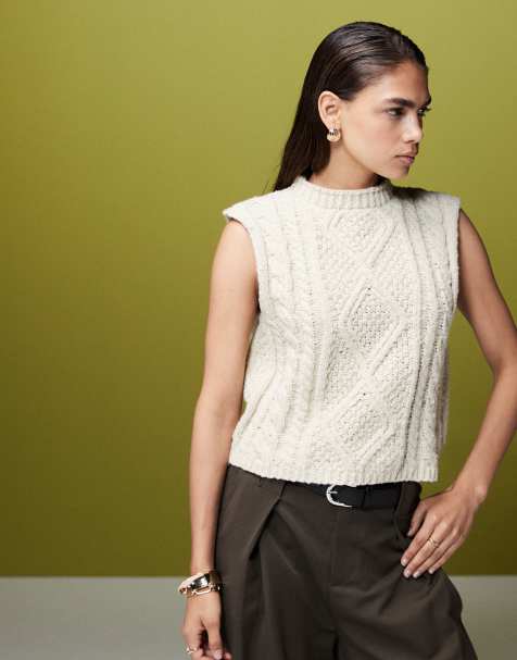 ASOS DESIGN knitted cable tank in textured yarn in stone - view 1