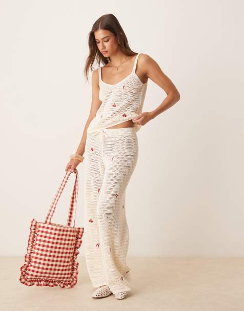 ASOS DESIGN knitted cami top and pants with fruit embroidery in ecru - view 1