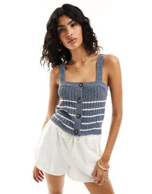 Asos Design Knitted Cami Top With Button Through In Blue Stripe