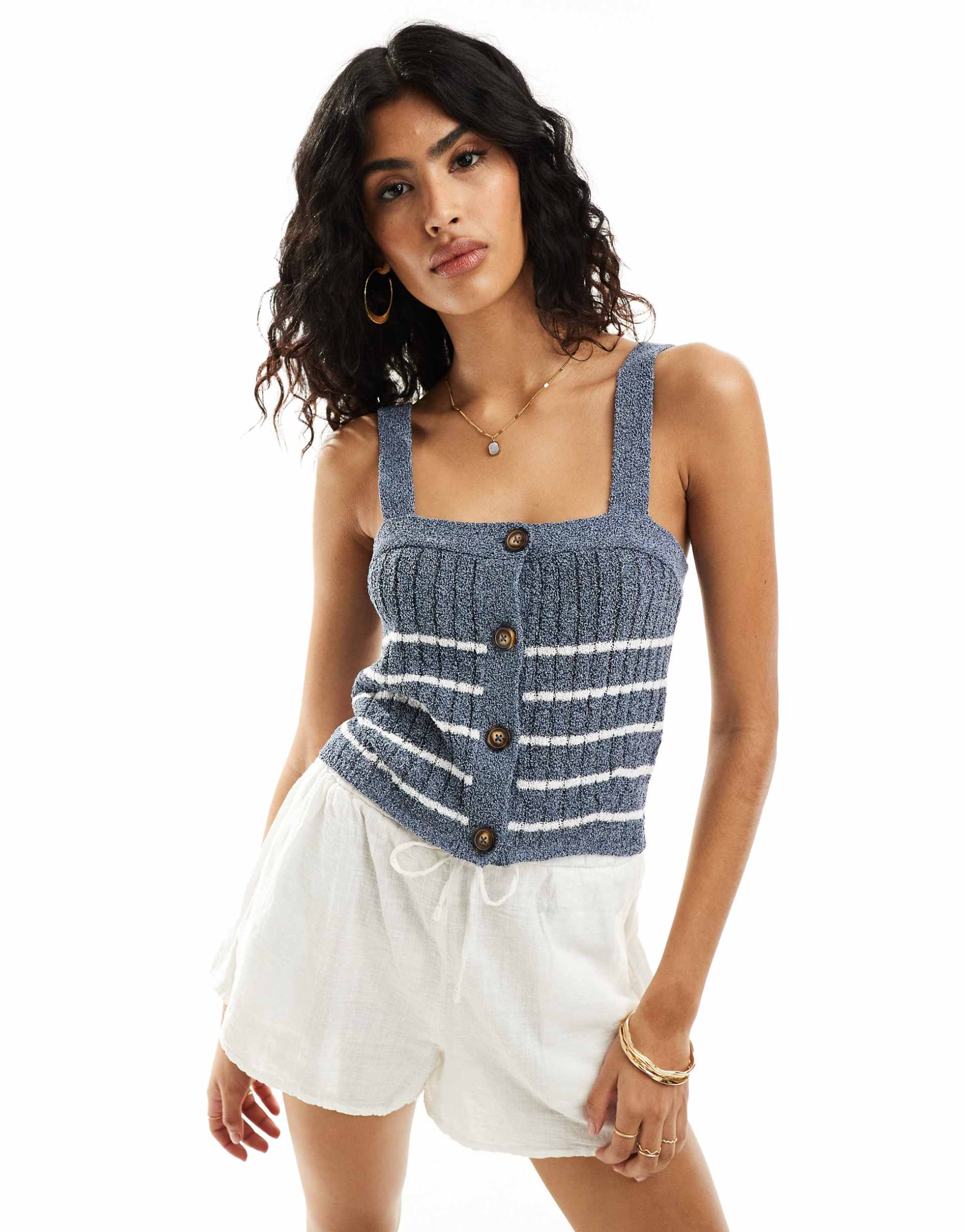 asos design knitted cami top with button through in blue stripe
