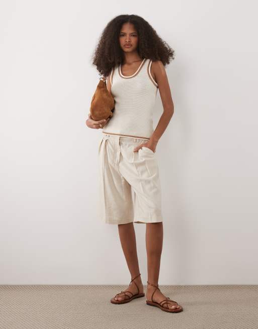 ASOS DESIGN knitted cami top with contrast tipping in ecru, 2 of 4