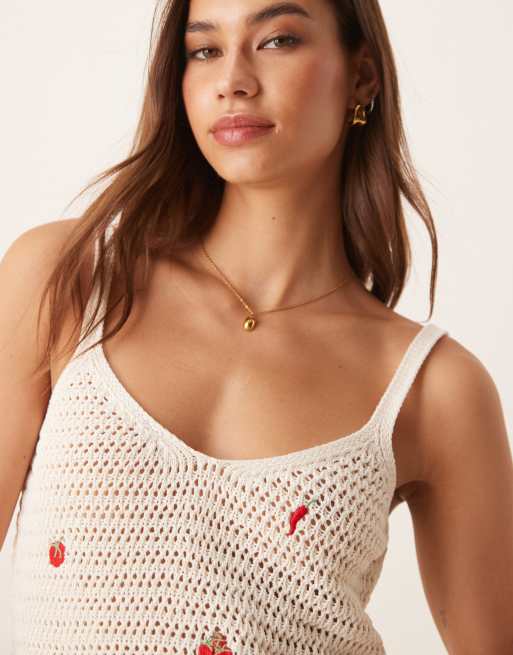 ASOS DESIGN knitted cami top with fruit embroidery in ecru (part of a set), 2 of 4