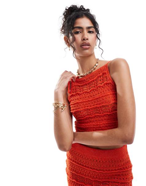 ASOS DESIGN knitted cami top with tie detail in sequin yarn co-ord in red - view 1