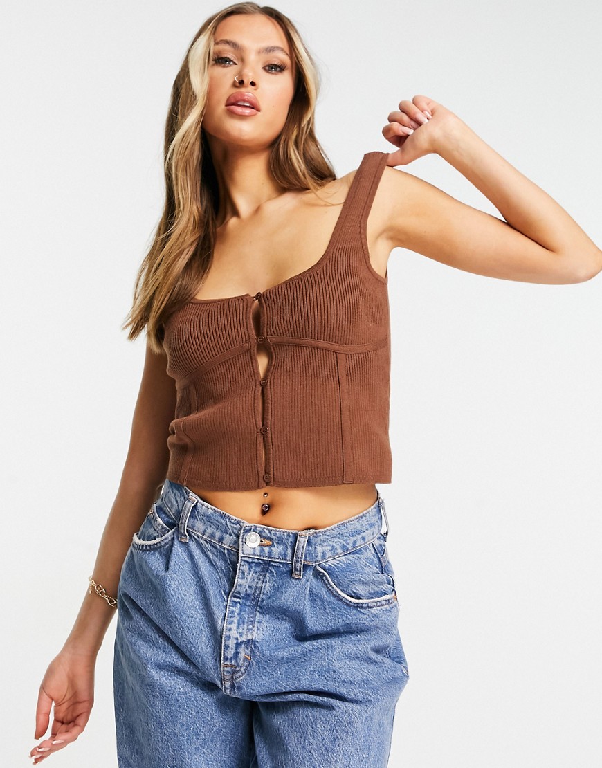 ASOS DESIGN knitted cami with bust detail and button front in brown