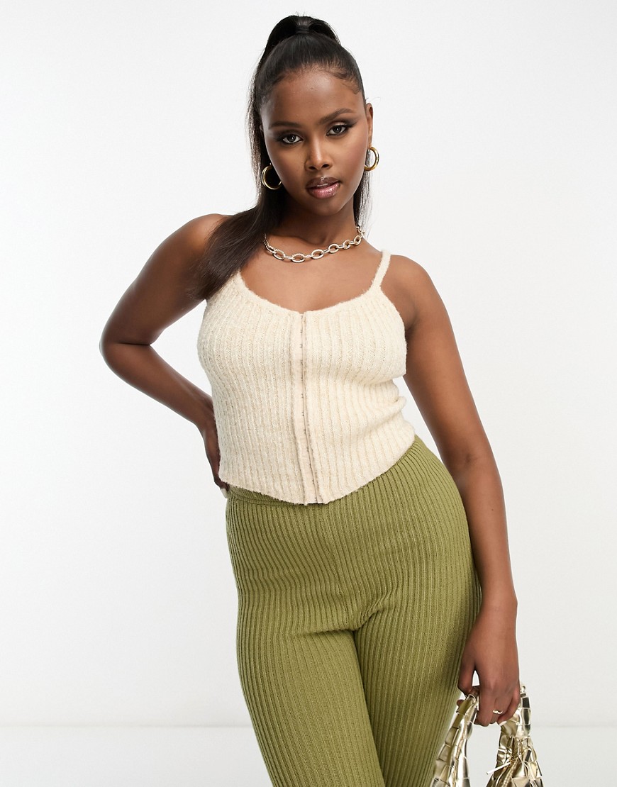 ASOS DESIGN knitted cami with corset detail in boucle yarn in stone-Neutral