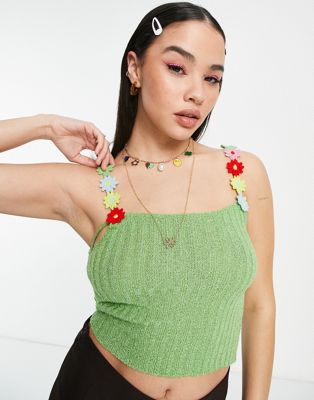 ASOS DESIGN knitted cami with floral straps in green