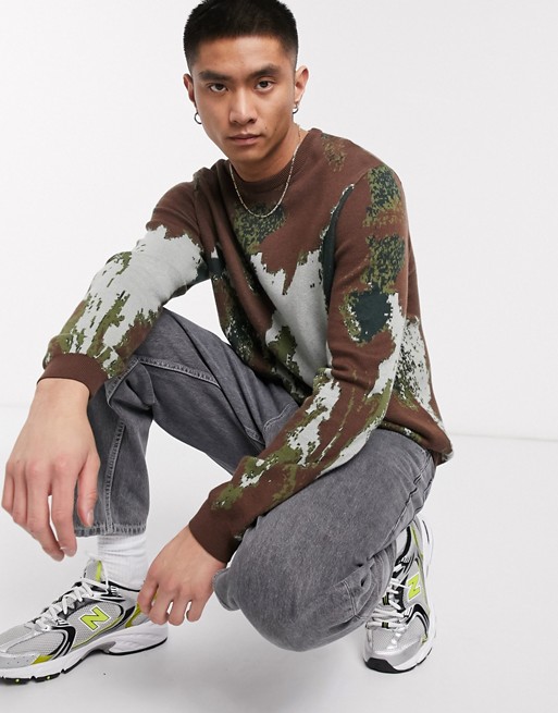 ASOS DESIGN knitted camo jumper in brown