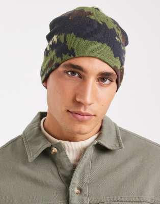 Asos Design Knitted Camo Print Graphic Skull Beanie In Burgundy