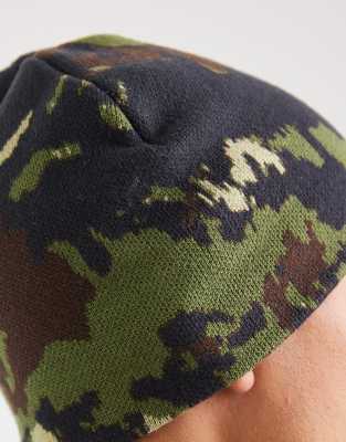 Asos Design Knitted Camo Print Graphic Skull Beanie In Burgundy