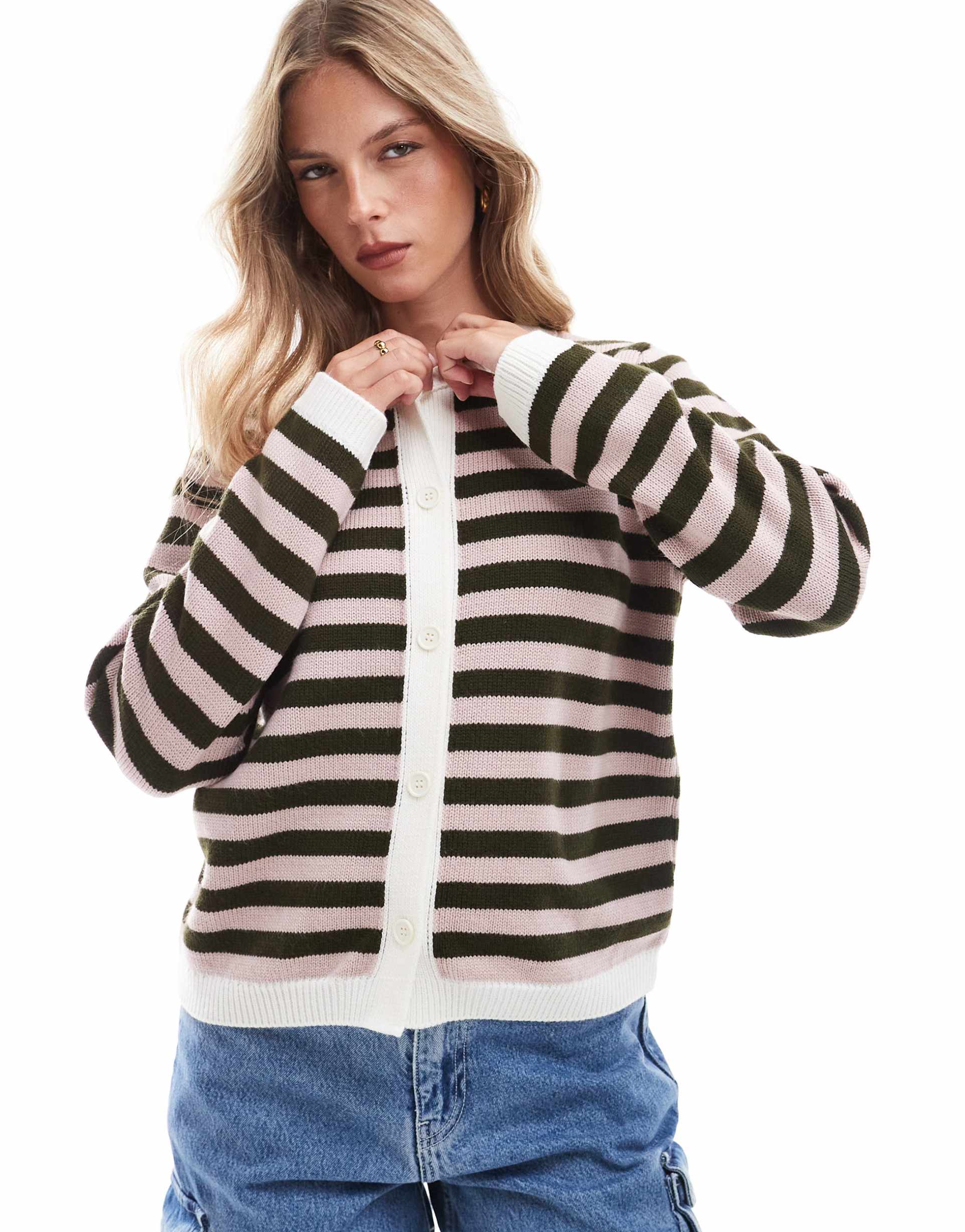 asos design knitted cardigan in blurred pink and khaki stripe