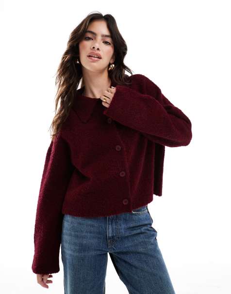 ASOS DESIGN knitted cardigan in boucle yarn in burgundy