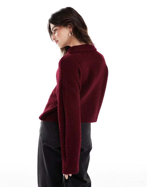 ASOS DESIGN knitted cardigan in boucle yarn in burgundy