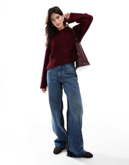 ASOS DESIGN knitted cardigan in boucle yarn in burgundy