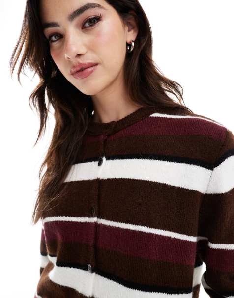ASOS DESIGN knitted cardigan in brown and burgundy stripe - view 1