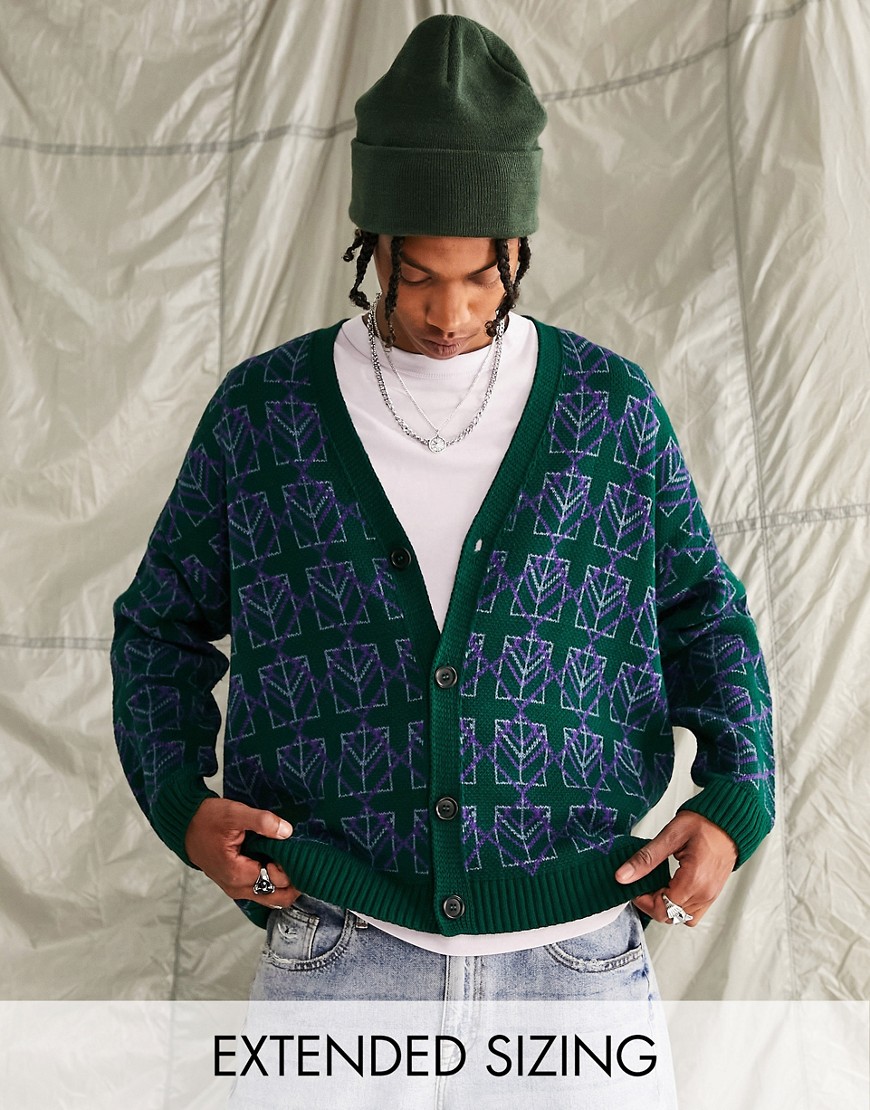 ASOS DESIGN knitted cardigan in geo design-Green
