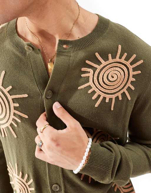 ASOS DESIGN knitted cardigan in khaki with sun embroidery ASOS