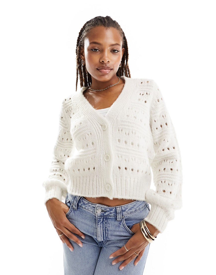 ASOS DESIGN knitted cardigan in pointelle stitch in cream-White