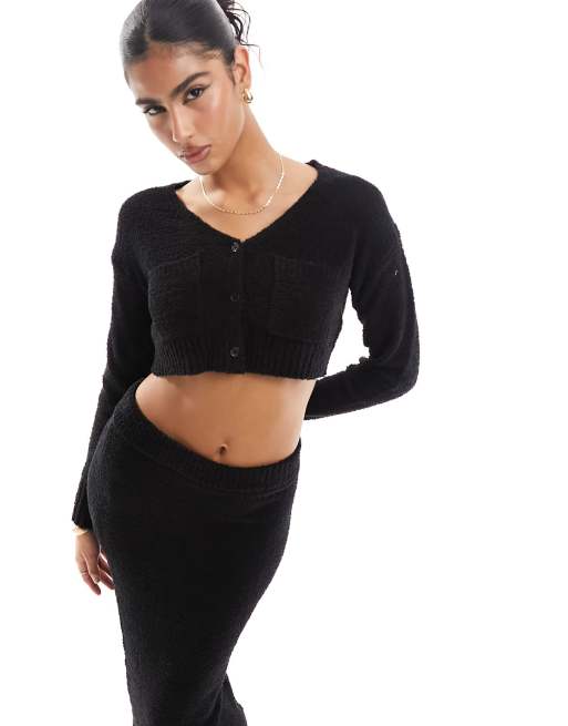 ASOS DESIGN knitted cardigan in teddy yarn in black (part of a set)