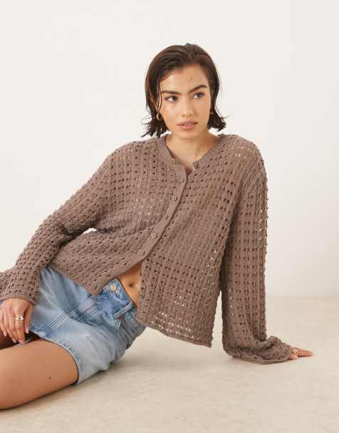 ASOS DESIGN knitted cardigan with angel sleeve in mocha - view 1