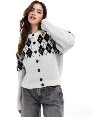 knitted cardigan with argyle check in ecru-Multi