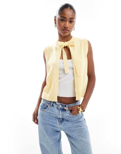 ASOS DESIGN knitted cardigan with bow tie neck in buttermilk yellow - view 1