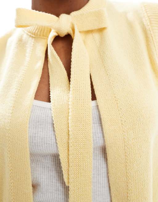 ASOS DESIGN knitted cardigan with bow tie neck in buttermilk yellow, 3 of 4