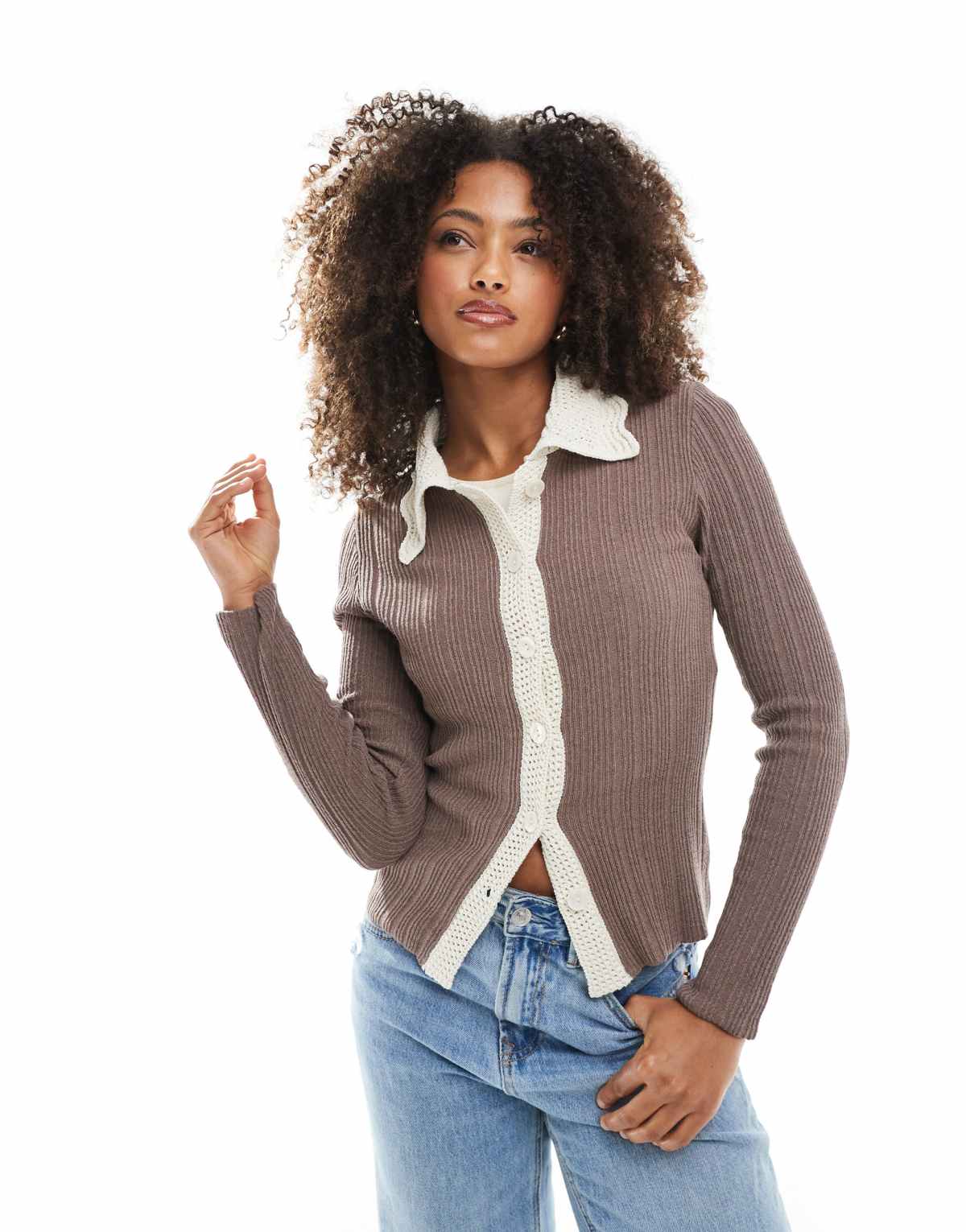 ASOS DESIGN knitted cardigan with contrast crochet collar in mocha