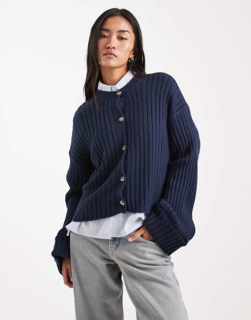 ASOS DESIGN knitted cardigan with contrast turn up cuff in navy/blue