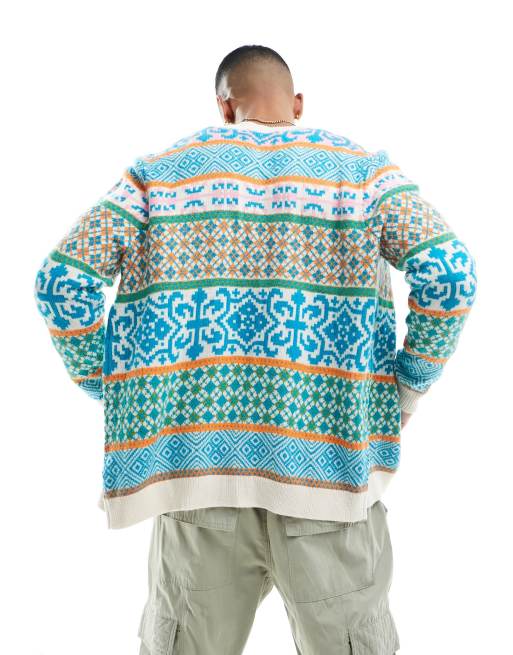 ASOS DESIGN knitted cardigan with fairisle design in blue | ASOS