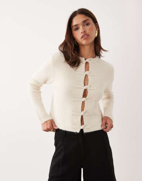 ASOS DESIGN knitted cardigan with frog fastenings in ecru - view 1