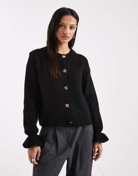 ASOS DESIGN knitted cardigan with gold buttons in black