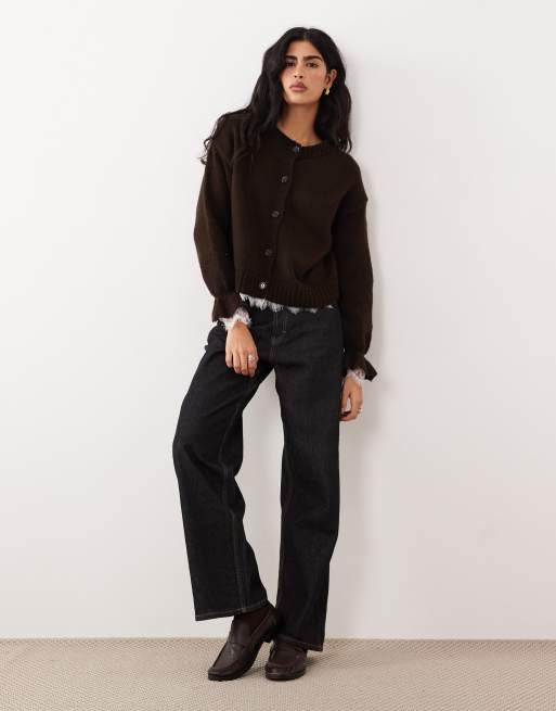 ASOS DESIGN knitted cardigan with lace inserts buttons in brown, 2 of 4
