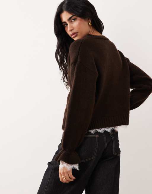 ASOS DESIGN knitted cardigan with lace inserts buttons in brown, 4 of 4