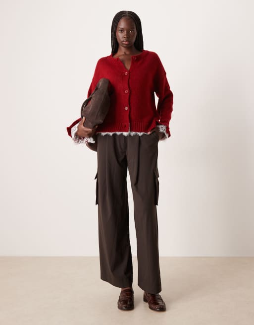 ASOS DESIGN knit cardigan with lace inserts buttons in burgundy