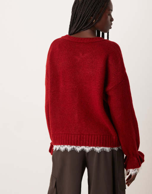 ASOS DESIGN knit cardigan with lace inserts buttons in burgundy