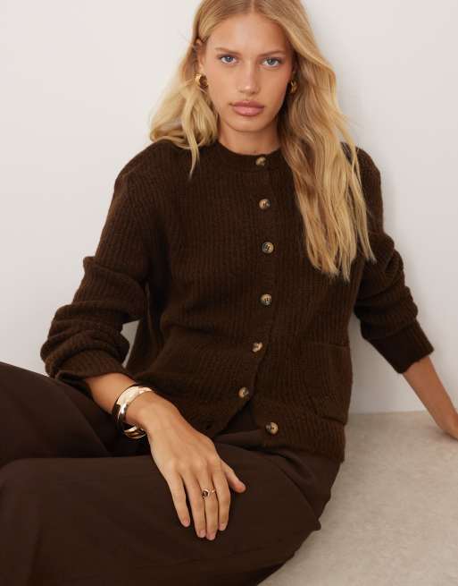 ASOS DESIGN knitted cardigan with patch pockets in brown