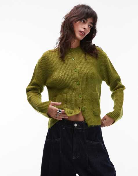 ASOS DESIGN knitted cardigan with patch pockets in olive - view 1