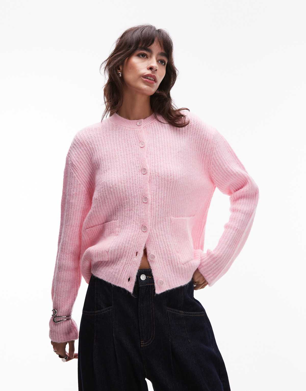 ASOS DESIGN knitted cardigan with patch pockets in pink