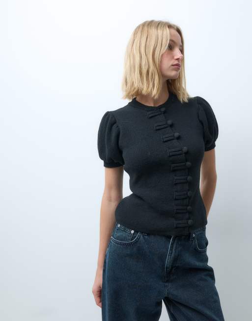 ASOS DESIGN knitted cardigan with puff sleeves in navy, 4 of 4