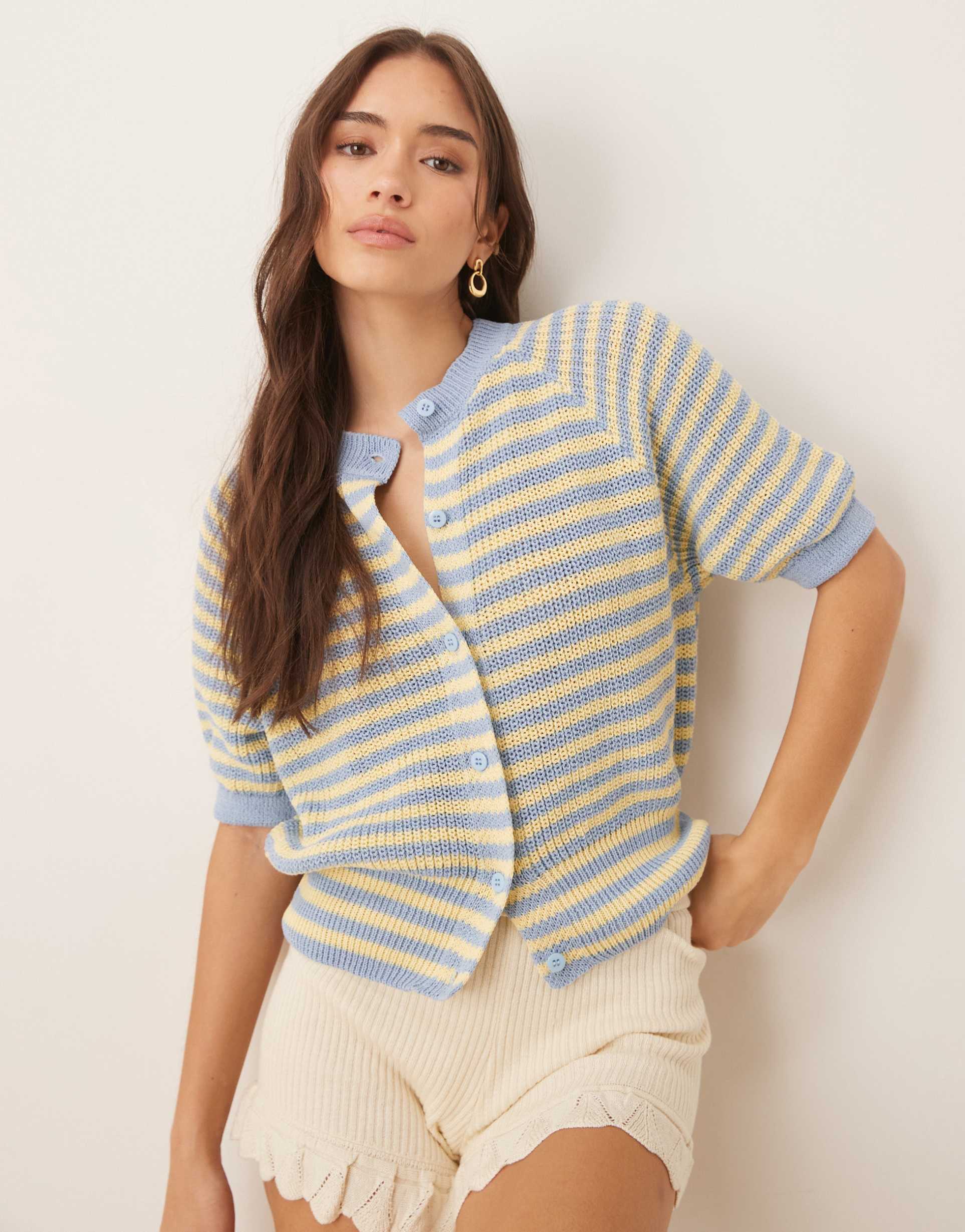 ASOS DESIGN knitted cardigan with raglan sleeve in blue and yellow stripe