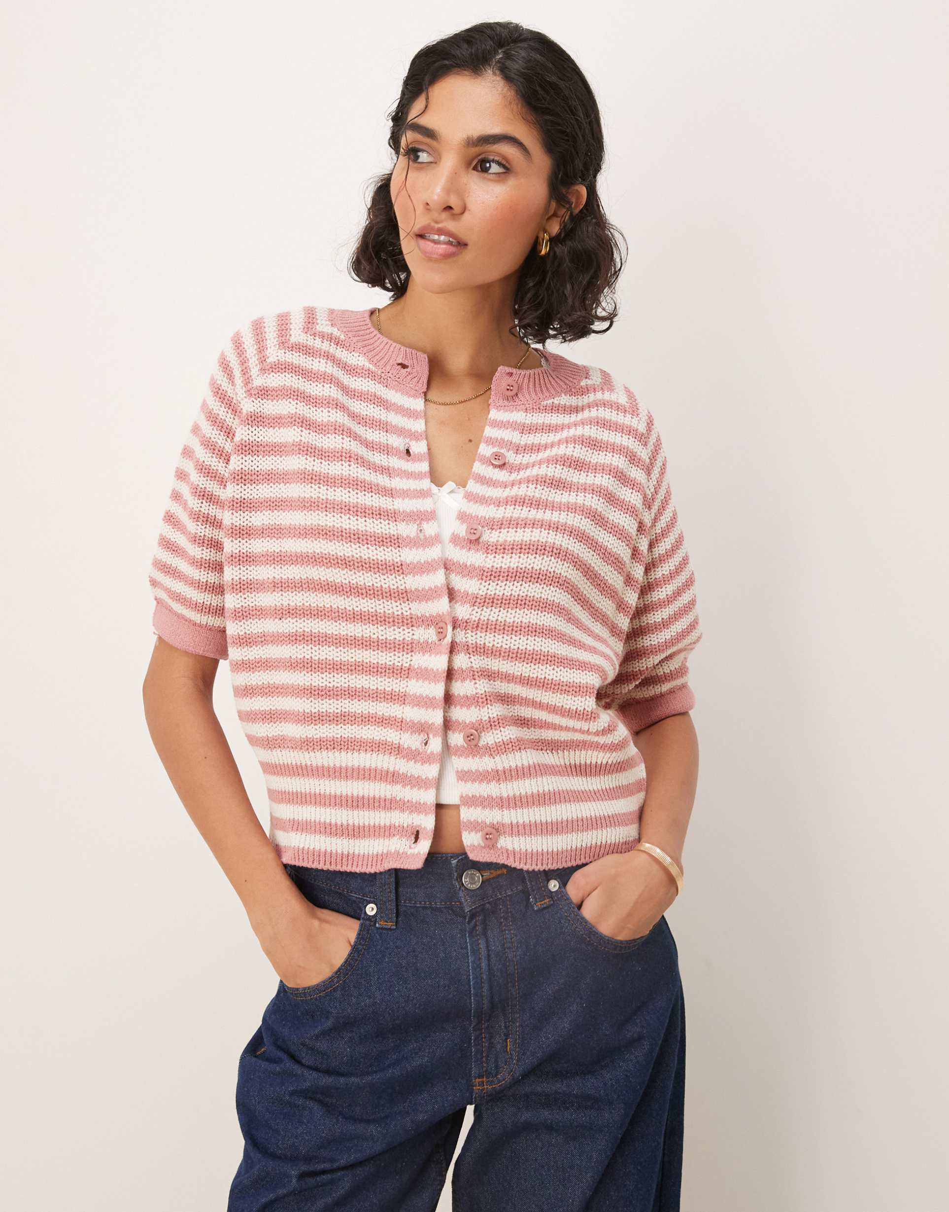 asos design knitted cardigan with raglan sleeve in dusty pink