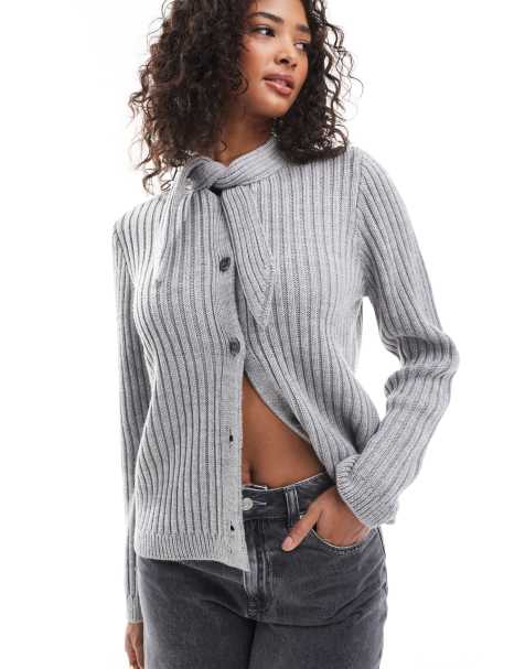 ASOS DESIGN knitted cardigan with scarf detail in grey - view 1