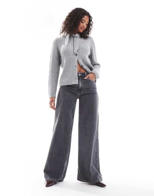 ASOS DESIGN knitted cardigan with scarf detail in grey, 2 of 4