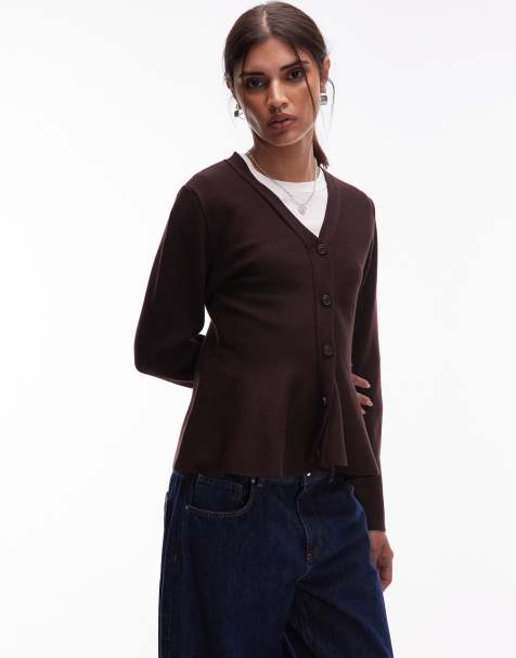 ASOS DESIGN knitted cardigan with sculpted hem in brown - view 1