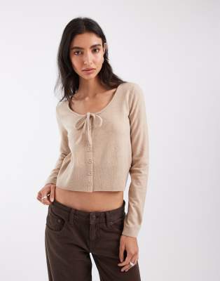 Asos Design Knitted Cardigan With Self- Tie Neck In Neutral