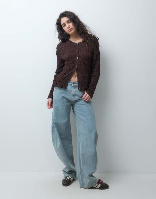 ASOS DESIGN knitted cardigan with smocked detail in brown, 3 of 4