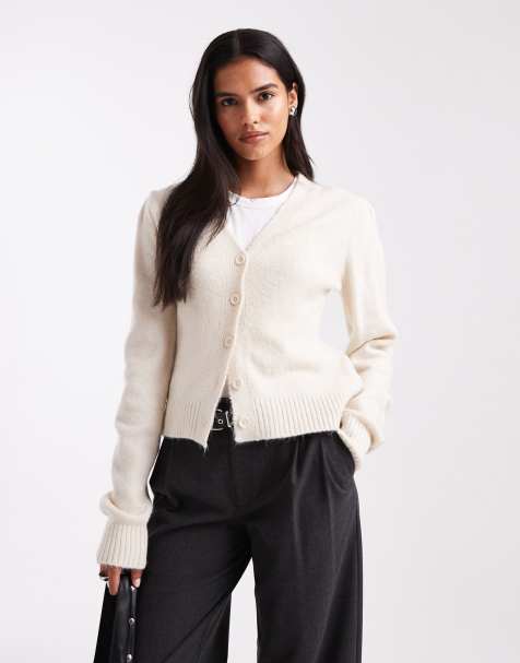 ASOS DESIGN knitted cardigan with structured sleeve in ecru - view 1