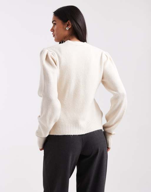 ASOS DESIGN knitted cardigan with structured sleeve in ecru, 2 of 4