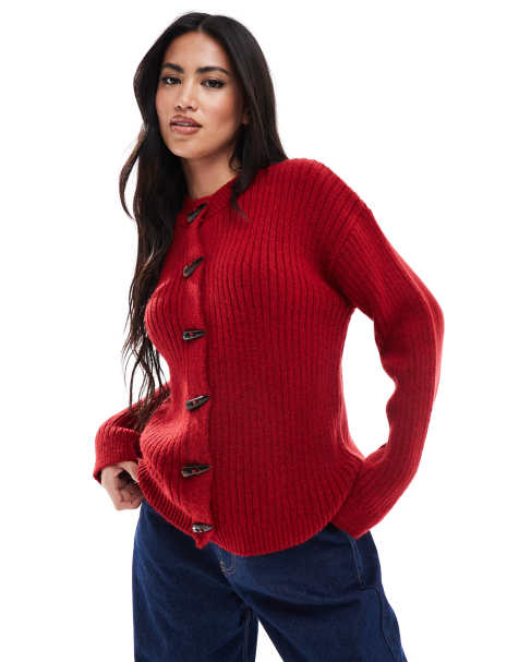ASOS DESIGN knitted cardigan with toggle buttons in red - view 1