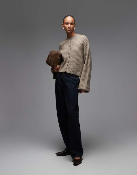 ASOS DESIGN knitted cardigan with turn up cuff in mocha - view 1